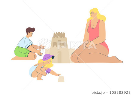 Vacation with Mom and Kids Building Sand Castle Together Enjoying Seaside Rest Vector Illustration 108282922