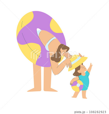 Vacation with Woman Mom and Daughter with Rubber Ring Enjoying Seaside Rest Vector Illustration 108282923