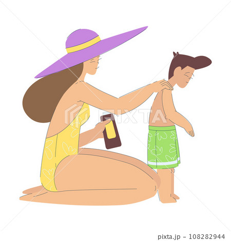 Vacation with Woman Mom and Son Apply Sunscreen on Body Enjoying Seaside Rest Vector Illustration 108282944