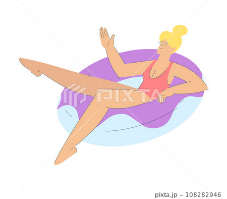 Vacation with Woman Character in Swimsuit Floating on Rubber Ring Enjoying Seaside Rest Vector Illustration 108282946