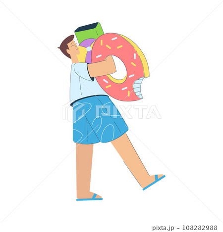 Man Character Carry Ball and Rubber Ring Enjoying Summer Vacation and Seaside Rest Vector Illustration 108282988