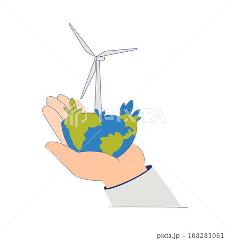 Eco Friendly with Hand Hold Earth Planet Globe with Wind Generator Vector Illustration 108283061