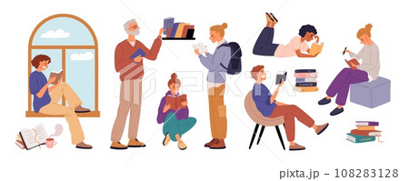 People read books. Students with literature volumes in hands. Readers in library. School education. Smart children learning textbooks and preparing for examination. Garish vector set People read books. Students with literature volumes in hands. Readers in library. School education. Smart children learning textbooks and preparing for examination. Garish vector set 108283128