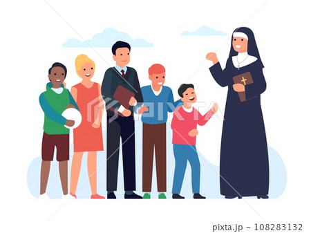 Nun talking to children. Catholic believers. Sister in religion. Woman teaching kids group. Votaress communicating with boys and girls. Religious dress. Christianity abbey. Vector concept 108283132