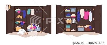 Messy clothes in wardrobe. Putting wears in order home wooden closet. Garments distribution by shelves. Declutter in cabinet. Coats and jeans hanging on hangers. Garish vector concept 108283133
