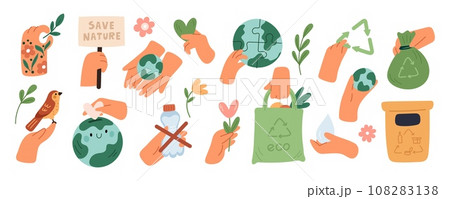 Ecological emblems with human hands. Save planet compositions. Nature conservation. Earth resources caring. Environment protection. Flowers in arms. Garbage recycle. Garish vector set 108283138