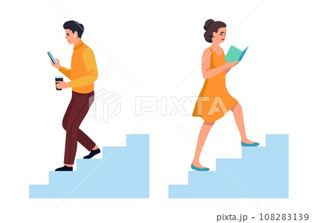 Development and degradation. Woman reading book and going upstairs. Self improvement. Guy playing game on phone. Man goes downstairs. Addiction and harmful behavior. Vector concept 108283139