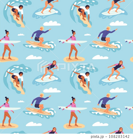 Cartoon surfers seamless pattern. Happy people dissect sea waves on boards. Summer vacation. Beach extreme sport athletes with surfboards. Surfing men and women. Garish vector background 108283142