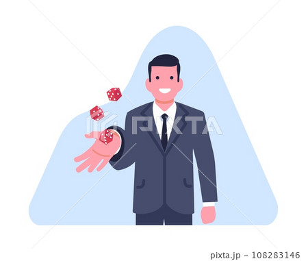 Businessman rolls dice. Croupier inviting you to try your luck at roulette. Fortune gaming. Office worker throwing play cubes. Business uncertainty. Risk in investment. Vector concept Businessman rolls dice. Croupier inviting you to try your luck at roulette. Fortune gaming. Office worker throwing play cubes. Business uncertainty. Risk in investment. Vector concept 108283146