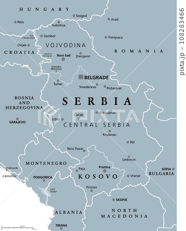 Serbia and Kosovo, landlocked countries in Southeast Europe, gray political map. Republic of Serbia, with capital Belgrade, and Republic of Kosovo, partially recognized country, with capital Pristina. Serbia and Kosovo, landlocked countries in Southeast Europe, gray political map. Republic of Serbia, with capital Belgrade, and Republic of Kosovo, partially recognized country, with capital Pristina. 108283466