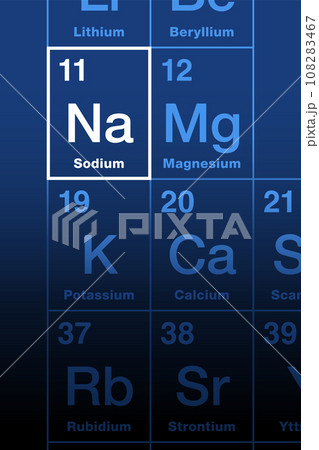 Sodium on the periodic table of the elements. Alkali metal, with symbol Na from Latin sodium, and atomic number 11. Sixth most abundant element in Earth crust, essential for animals and some plants. 108283467