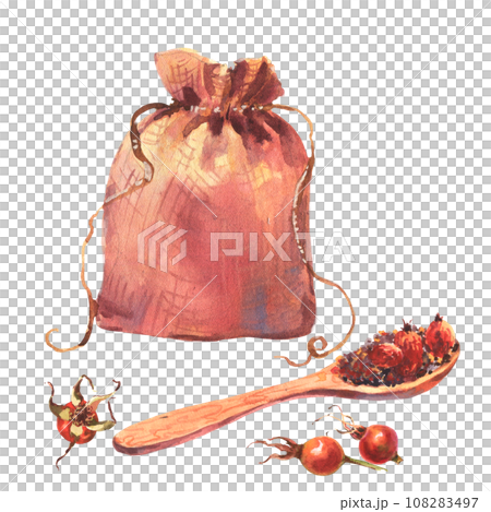 Watercolor illustration linen bag and wooden spoon with rosehip tea and brier berries, watercolor illustration isolated on white background. 108283497