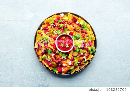 Loaded nachos. Mexican nacho chips with beef and guacamole sauce Loaded nachos. Mexican nacho chips with beef and guacamole sauce 108283703