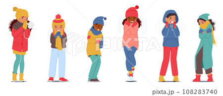 Shivering Tots Cuddle, As A Chilly Breeze Kisses Their Cheeks. Small Hands Seek Warmth At Winter Frosty Embrace 108283740