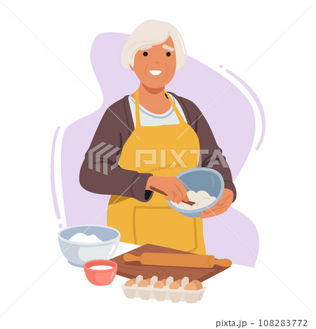 Seasoned Senior Woman Joyfully Bakes In Her Cozy Kitchen, A Lifetime Of Expertise Reflected In Every Measured Ingredient 108283772