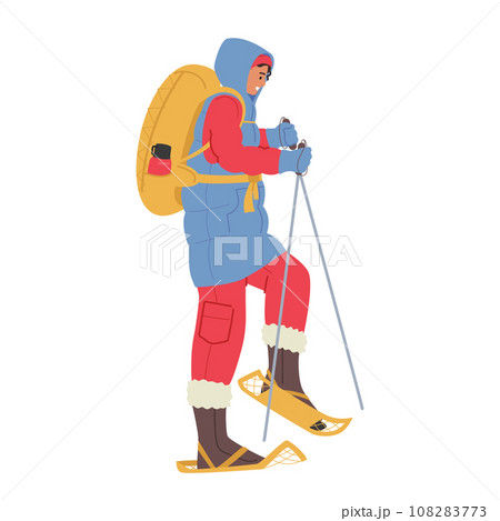 Woman Hiker In Winter Attire, Equipped With Snowshoes, Trekking Poles, And A Loaded Backpack Cartoon Vector Illustration 108283773