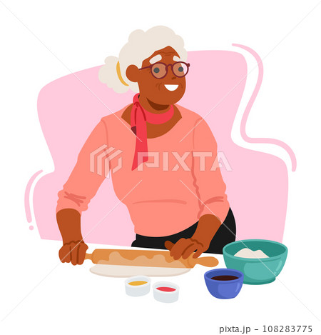 Senior Woman Skillfully Rolls Dough For Baking, Her Experienced Hands Shaping The Foundation Of Delicious Creation Senior Woman Skillfully Rolls Dough For Baking, Her Experienced Hands Shaping The Foundation Of Delicious Creation 108283775