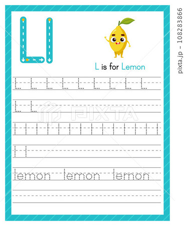 Trace letter L uppercase and lowercase. Alphabet tracing practice preschool worksheet for kids learning English with cartoon lemon. Activity page for Pre K, kindergarten. Vector illustration 108283866