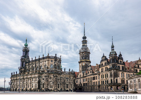 The Dresden Cathedral Hofkirche and the Dresden Castle Residenzschloss in Dresden, Saxony, Germany. The Dresden Cathedral Hofkirche and the Dresden Castle Residenzschloss in Dresden, Saxony, Germany. 108283888
