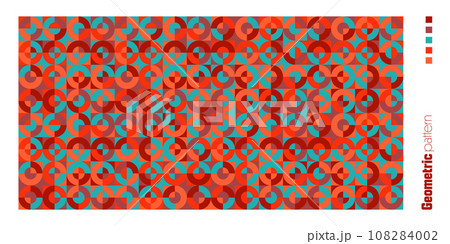 Geometric trendy pattern, Bauhaus style. Modern colorful background with simple elements. Retro texture with basic geometric shapes. Print design, minimalist poster cover. Vector illustration 108284002