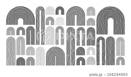 Mid century arch elements, modern geometric shapes. Contemporary design, minimalist art. Hand drawn lines. Trendy design elements for wall decor, posters, books and covers. Vector illustration 108284003