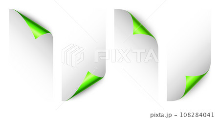 Set of green paper curls. Curled page corner with shadow. Blank sheet of paper. Colorful shiny foil. Design element for advertising and promotion. Vector illustration. 108284041