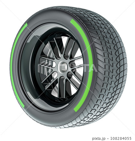 Racing wheel with Green Intermediate Compound type tyre, 3D rendering 108284055