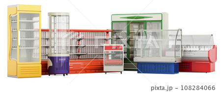 Set of colored commercial refrigeration display cases and merchandiser racks. 3D rendering 108284066