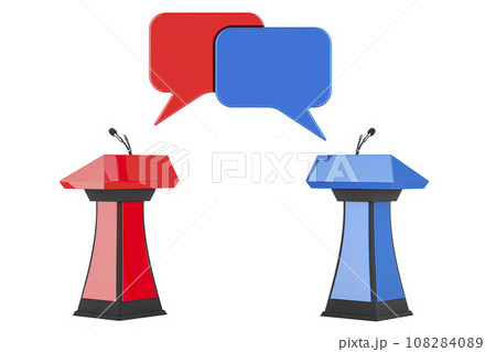 Tribunes with microphones and speech bubbles. Debate concept, 3D rendering 108284089