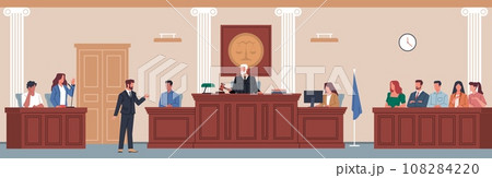 Trial in courtroom. Law justice, public process, defense and prosecution presentation, judge on wooden tribune listens to people, cartoon flat style isolated nowaday vector concept 108284220
