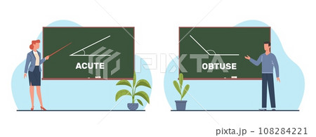 Teachers explain acute and obtuse. man and woman near blackboard. mathematics and geometry lesson. Education in school or college, Cartoon flat style isolated vector knowledge concept 108284221