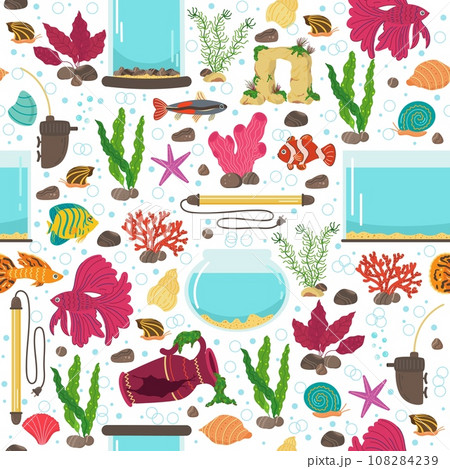 Seamless pattern with aquariums. Underwater decoration, colorful seaweeds, decor textile, wrapping paper, wallpaper design. Print for fabric. Cartoon flat style isolated vector concept 108284239