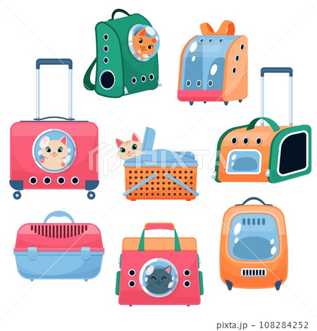 Pet carriers and bags. Cats in different plastic transporters with windows for muzzles, travel and movement with animals, bags, backpacks and portable containers cartoon flat isolated vector set 108284252