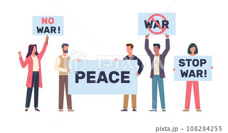 People hold banners and placards demanding an end to war. Anti-war social movement. Peaceful demonstration, student activists manifestation. Cartoon flat isolated vector protest concept 108284255