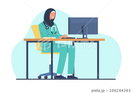 Muslim female doctor works on computer. Arab women in hijab, medical specialist working. Online health consultation. Clinic medicine profession cartoon flat style isolated vector concept 108284263