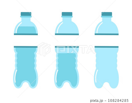 Full, half and empty plastic water bottles. Container for mineral or soda drinks with blank label. Package with cap. Liquid and cold beverage cartoon flat style isolated vector concept 108284285