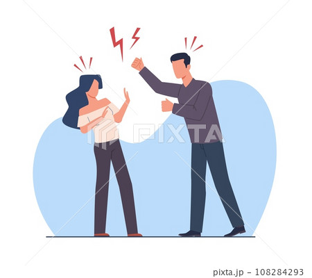 Domestic violence, man beats his wife. Family conflict and problems at home, divorce and dissolution. Quarreling scene. Unhappy relationships, Cartoon flat isolated vector abuse concept Domestic violence, man beats his wife. Family conflict and problems at home, divorce and dissolution. Quarreling scene. Unhappy relationships, Cartoon flat isolated vector abuse concept 108284293