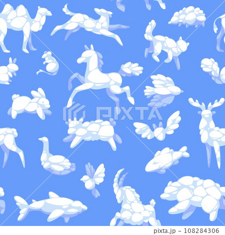 Cartoon animal clouds seamless pattern. Imagination kids elements, fluffy fauna shape, flying repeated white objects. Childish cute textile, wrapping paper, wallpaper. Tidy vector background 108284306
