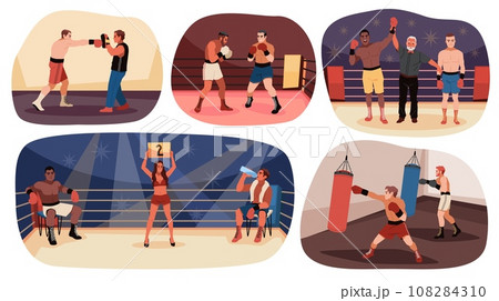 Boxing scenes at ring. Muscular athletes in sparring, training and fighting, professional fighters, referee and ring girl on championship, cartoon flat style isolated tidy vector set 108284310