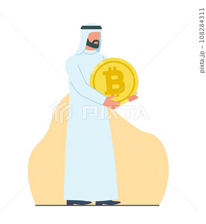 Arab Muslim male investor trader holds bitcoin in his hands. Crypto currency trading. cryptocurrency investor. Web money profit. Cartoon flat style isolated v financial concept Arab Muslim male investor trader holds bitcoin in his hands. Crypto currency trading. cryptocurrency investor. Web money profit. Cartoon flat style isolated v financial concept 108284311