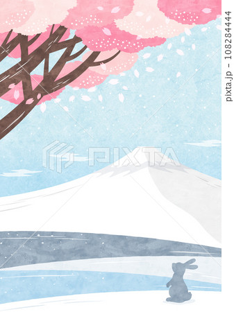 桜と富士山とうさぎの風景 和風な自然の水彩背景イラスト（ブルー） 108284444