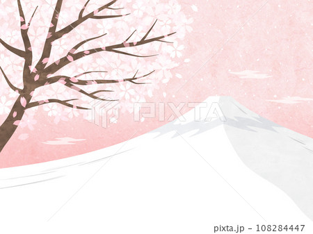 桜と富士山の和風な背景フレーム シンプルな水彩和紙イラスト（ピンク） 108284447