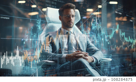 Man in Business Attire Looking at Crypto Holograph 108284875
