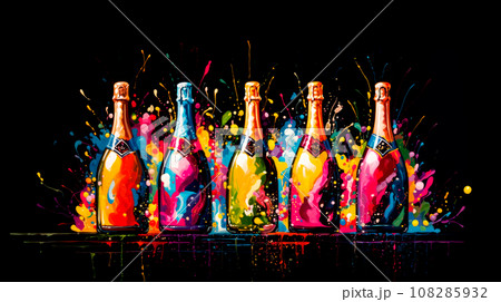 Watercolor illustration colorful champagne bottles set on a black background Watercolor illustration colorful champagne bottles set on a black background 108285932