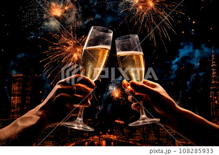 Two people are hands holding champagne glasses in front of fireworks and cityscapes. Two people are hands holding champagne glasses in front of fireworks and cityscapes. 108285933