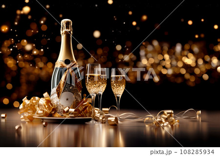 Champagne bottle on black background with champagne glasses. Sparkling lights and bokeh on backdrop 108285934