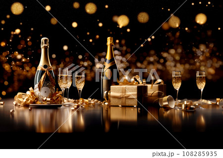 Champagne bottle on black background with champagne glasses and gift boxes. Sparkling lights and bokeh on backdrop Champagne bottle on black background with champagne glasses and gift boxes. Sparkling lights and bokeh on backdrop 108285935