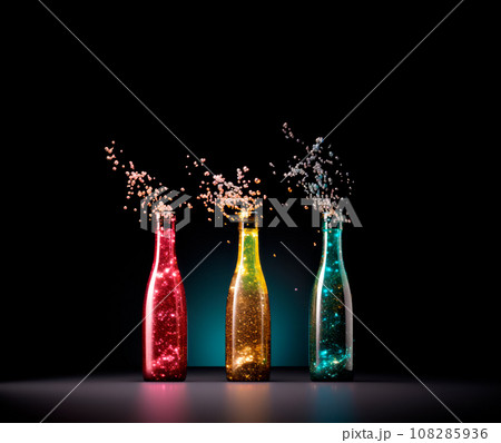 Set of sparkling magic potions bottles on black background. Concept of mana potion or elixir made by a wizard. Set of sparkling magic potions bottles on black background. Concept of mana potion or elixir made by a wizard. 108285936