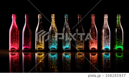 Set of sparkling magic potions bottles on black background. Concept of mana potion or elixir made by a wizard. Set of sparkling magic potions bottles on black background. Concept of mana potion or elixir made by a wizard. 108285937
