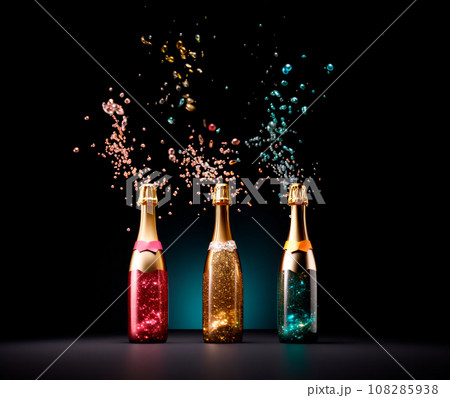 Set of sparkling magic potions bottles on black background. Concept of mana potion or elixir made by a wizard. 108285938